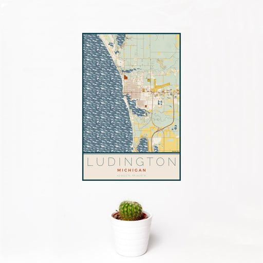 12x18 Ludington Michigan Map Print Portrait Orientation in Woodblock Style With Small Cactus Plant in White Planter