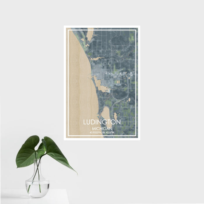 16x24 Ludington Michigan Map Print Portrait Orientation in Afternoon Style With Tropical Plant Leaves in Water