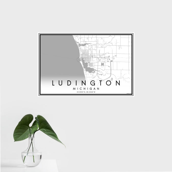 16x24 Ludington Michigan Map Print Landscape Orientation in Classic Style With Tropical Plant Leaves in Water