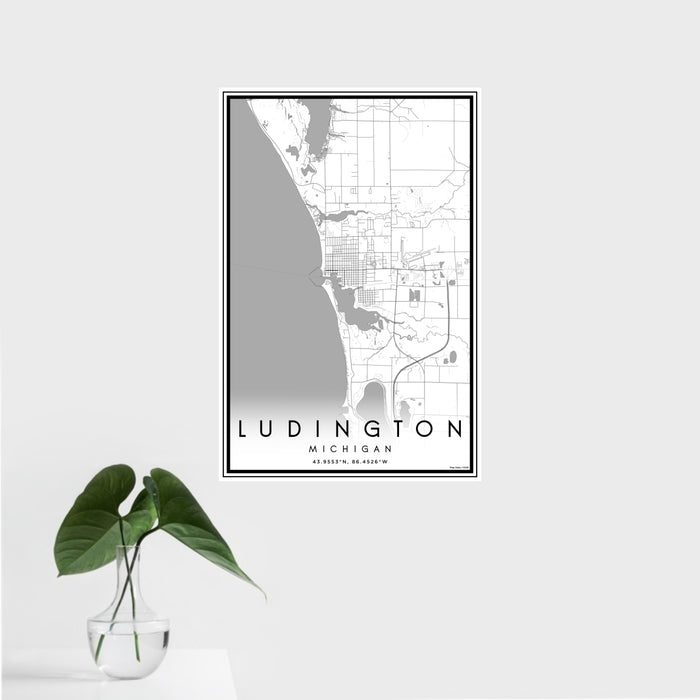 16x24 Ludington Michigan Map Print Portrait Orientation in Classic Style With Tropical Plant Leaves in Water