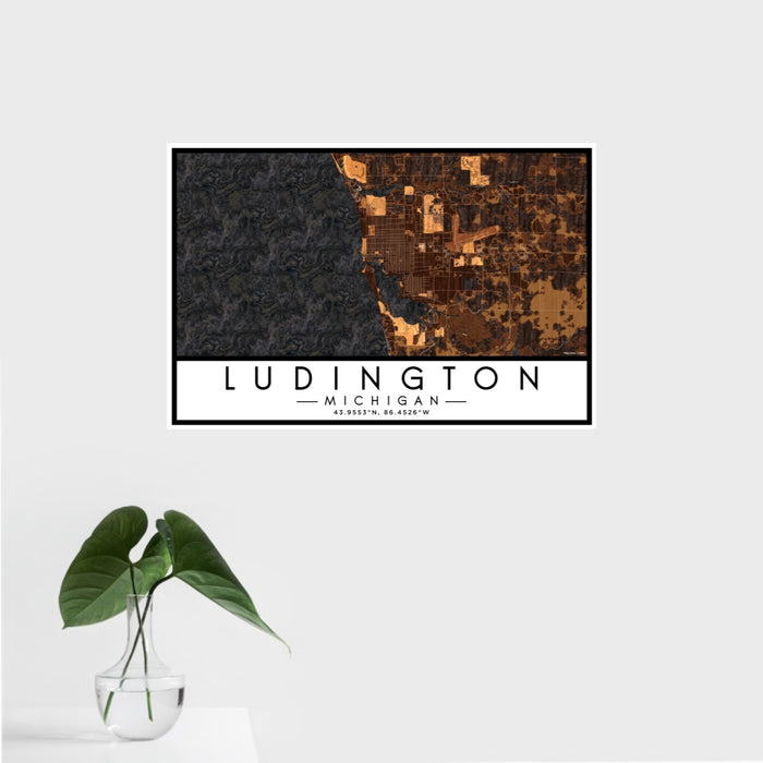 16x24 Ludington Michigan Map Print Landscape Orientation in Ember Style With Tropical Plant Leaves in Water