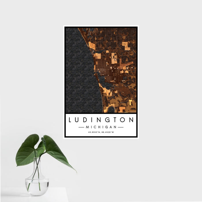 16x24 Ludington Michigan Map Print Portrait Orientation in Ember Style With Tropical Plant Leaves in Water