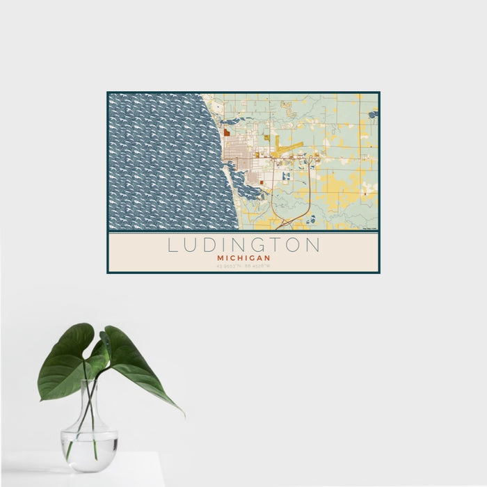 16x24 Ludington Michigan Map Print Landscape Orientation in Woodblock Style With Tropical Plant Leaves in Water