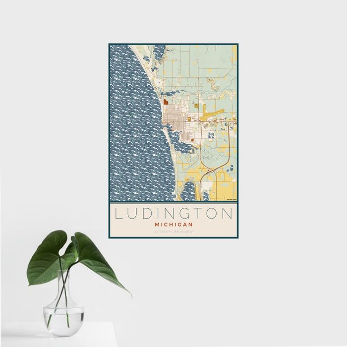 16x24 Ludington Michigan Map Print Portrait Orientation in Woodblock Style With Tropical Plant Leaves in Water