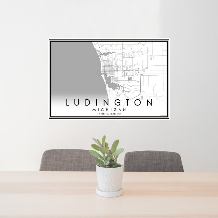 24x36 Ludington Michigan Map Print Lanscape Orientation in Classic Style Behind 2 Chairs Table and Potted Plant