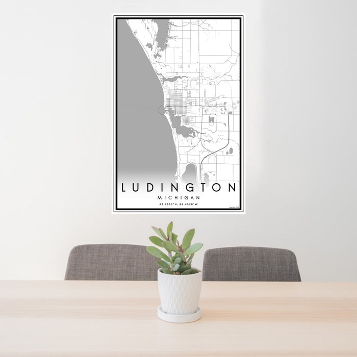 24x36 Ludington Michigan Map Print Portrait Orientation in Classic Style Behind 2 Chairs Table and Potted Plant