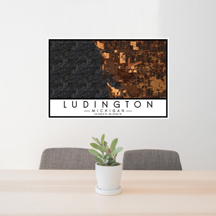 24x36 Ludington Michigan Map Print Lanscape Orientation in Ember Style Behind 2 Chairs Table and Potted Plant