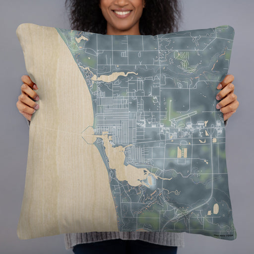 Person holding 22x22 Custom Ludington Michigan Map Throw Pillow in Afternoon