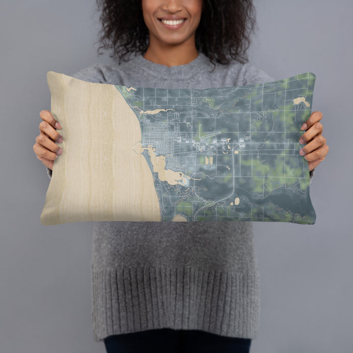 Person holding 20x12 Custom Ludington Michigan Map Throw Pillow in Afternoon
