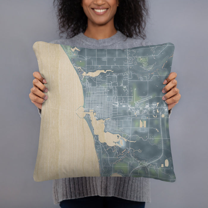 Person holding 18x18 Custom Ludington Michigan Map Throw Pillow in Afternoon