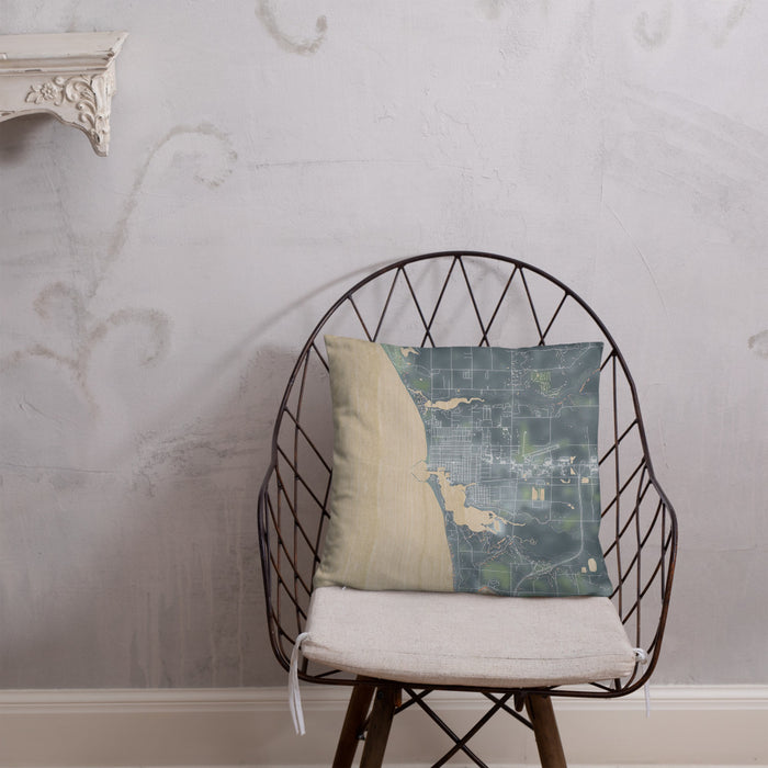 Custom Ludington Michigan Map Throw Pillow in Afternoon on Cream Colored Couch