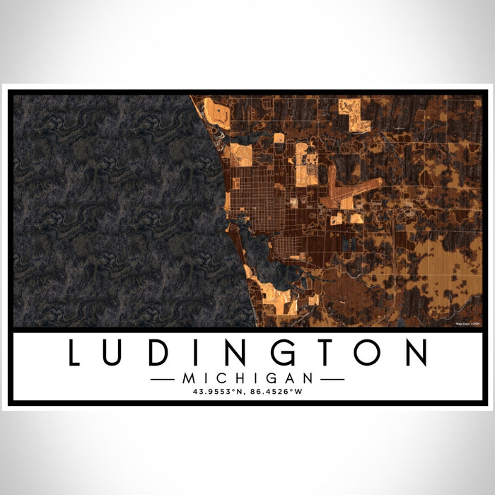 Ludington Michigan Map Print Landscape Orientation in Ember Style With Shaded Background