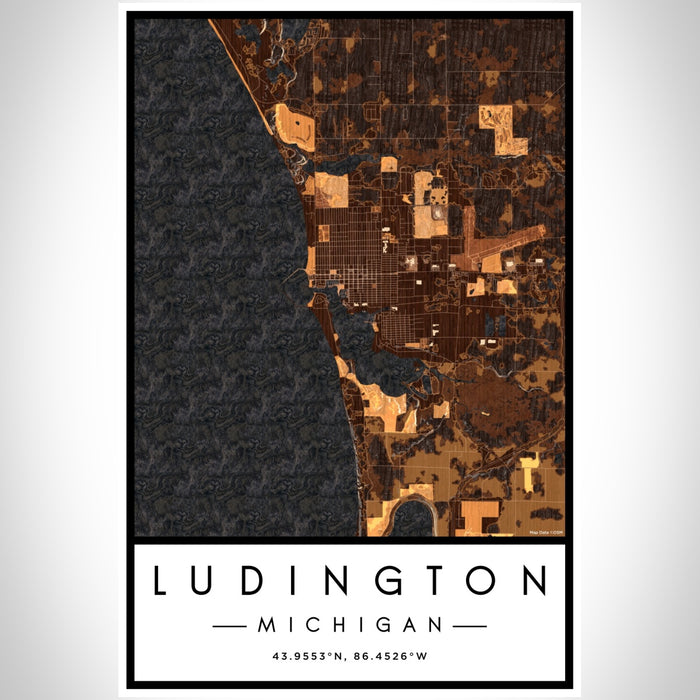 Ludington Michigan Map Print Portrait Orientation in Ember Style With Shaded Background