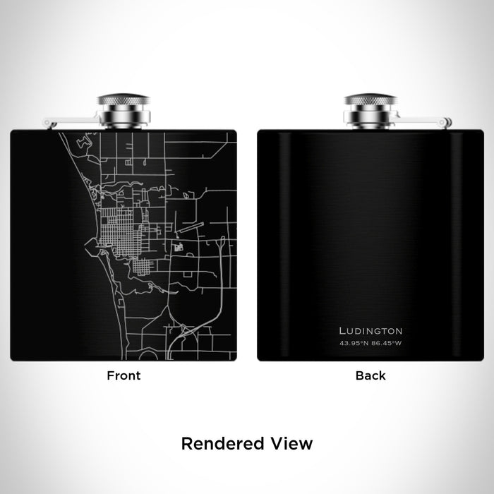 Rendered View of Ludington Michigan Map Engraving on 6oz Stainless Steel Flask in Black