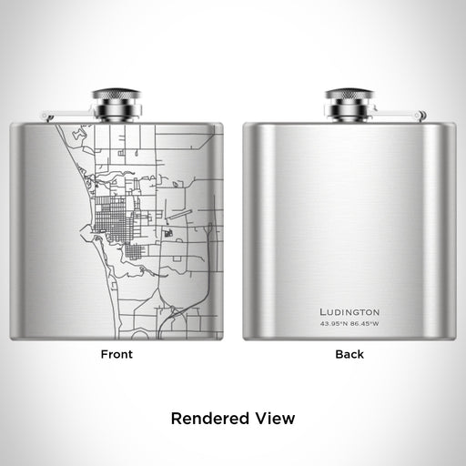 Rendered View of Ludington Michigan Map Engraving on 6oz Stainless Steel Flask