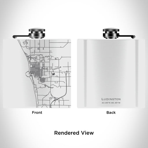 Rendered View of Ludington Michigan Map Engraving on 6oz Stainless Steel Flask in White