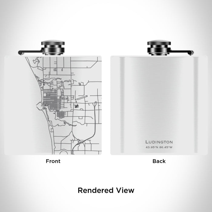 Rendered View of Ludington Michigan Map Engraving on 6oz Stainless Steel Flask in White