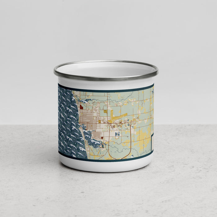 Front View Custom Ludington Michigan Map Enamel Mug in Woodblock