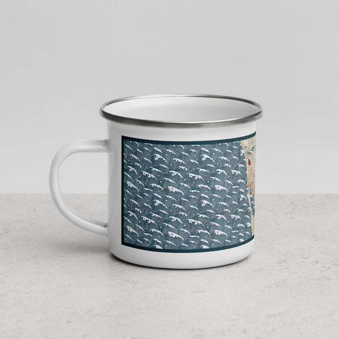 Left View Custom Ludington Michigan Map Enamel Mug in Woodblock