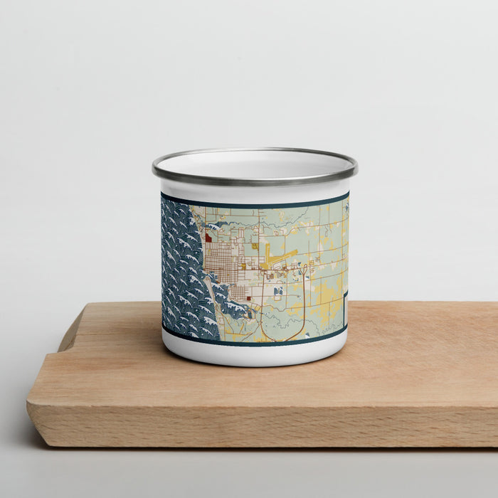 Front View Custom Ludington Michigan Map Enamel Mug in Woodblock on Cutting Board