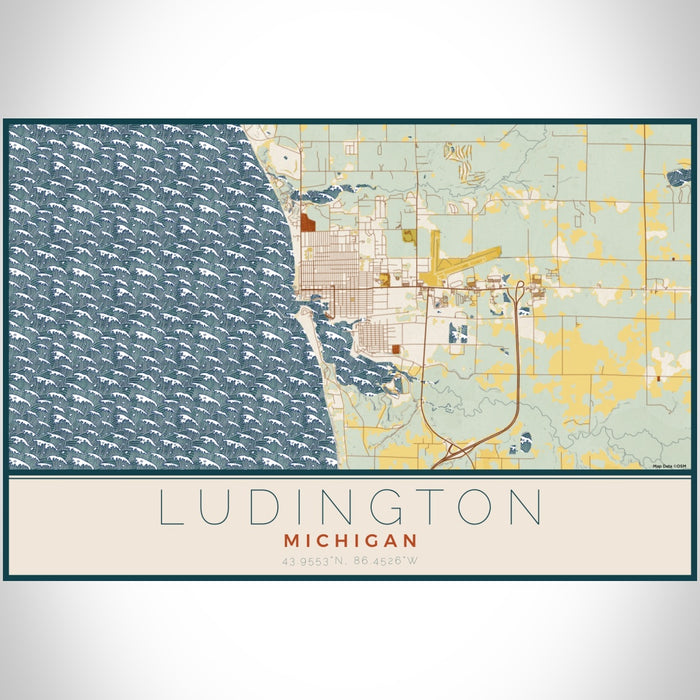 Ludington Michigan Map Print Landscape Orientation in Woodblock Style With Shaded Background