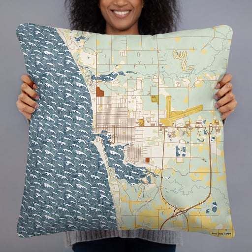 Person holding 22x22 Custom Ludington Michigan Map Throw Pillow in Woodblock