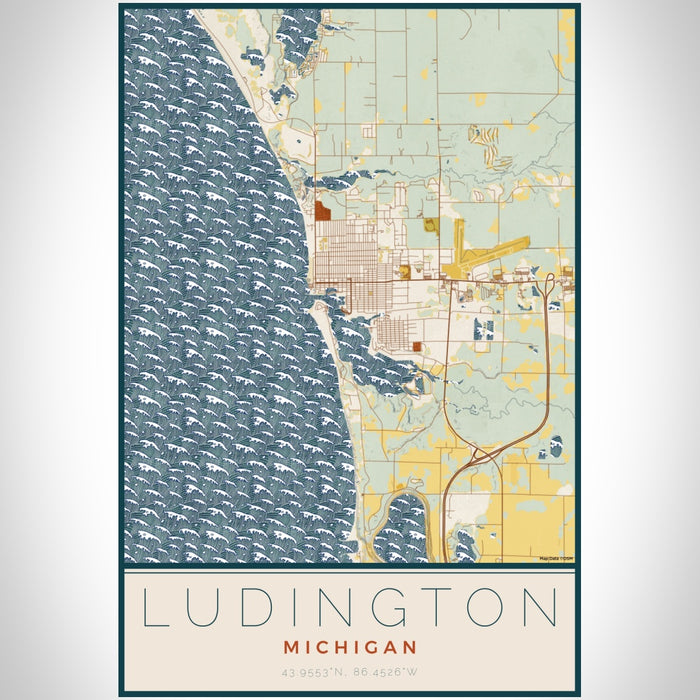 Ludington Michigan Map Print Portrait Orientation in Woodblock Style With Shaded Background