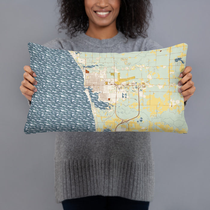 Person holding 20x12 Custom Ludington Michigan Map Throw Pillow in Woodblock