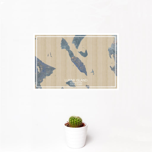 12x18 Lummi Island Washington Map Print Landscape Orientation in Afternoon Style With Small Cactus Plant in White Planter