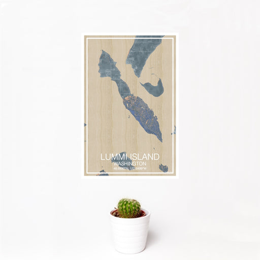 12x18 Lummi Island Washington Map Print Portrait Orientation in Afternoon Style With Small Cactus Plant in White Planter