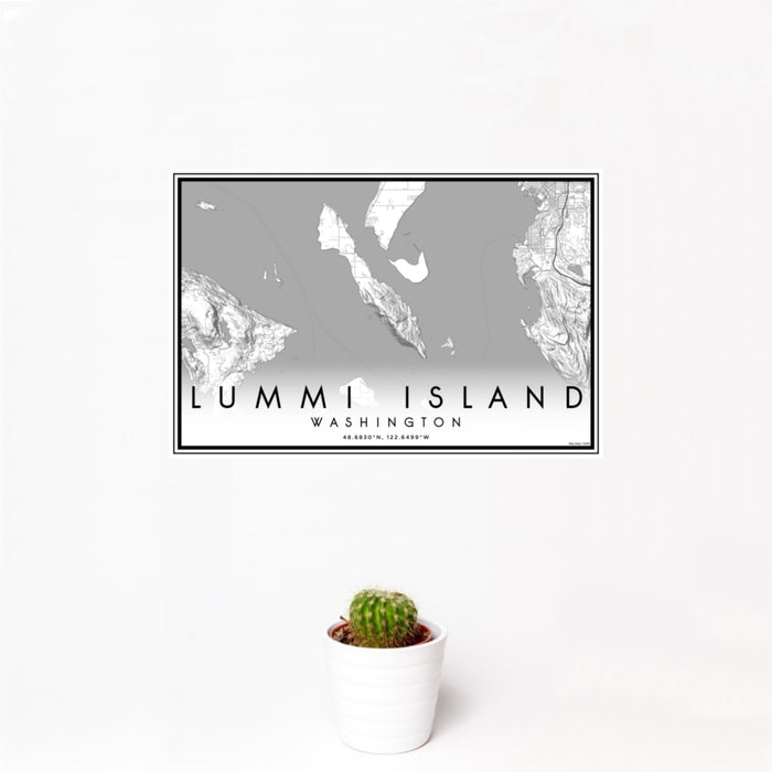 12x18 Lummi Island Washington Map Print Landscape Orientation in Classic Style With Small Cactus Plant in White Planter