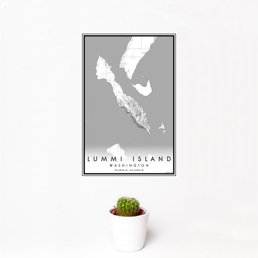 12x18 Lummi Island Washington Map Print Portrait Orientation in Classic Style With Small Cactus Plant in White Planter