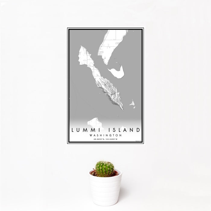 12x18 Lummi Island Washington Map Print Portrait Orientation in Classic Style With Small Cactus Plant in White Planter