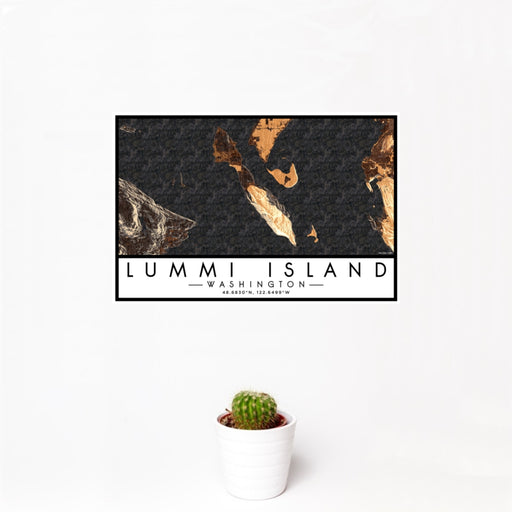 12x18 Lummi Island Washington Map Print Landscape Orientation in Ember Style With Small Cactus Plant in White Planter