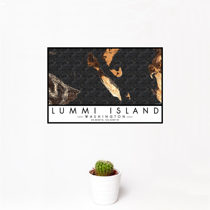 12x18 Lummi Island Washington Map Print Landscape Orientation in Ember Style With Small Cactus Plant in White Planter