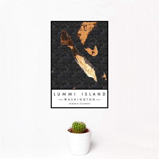 12x18 Lummi Island Washington Map Print Portrait Orientation in Ember Style With Small Cactus Plant in White Planter