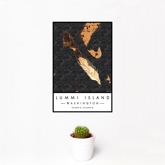 12x18 Lummi Island Washington Map Print Portrait Orientation in Ember Style With Small Cactus Plant in White Planter