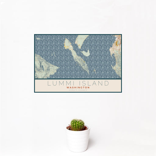 12x18 Lummi Island Washington Map Print Landscape Orientation in Woodblock Style With Small Cactus Plant in White Planter