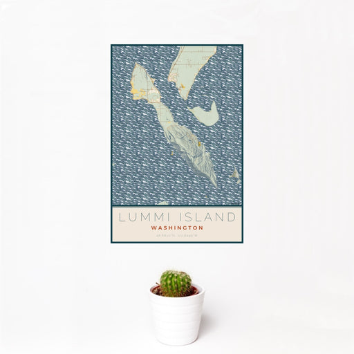 12x18 Lummi Island Washington Map Print Portrait Orientation in Woodblock Style With Small Cactus Plant in White Planter