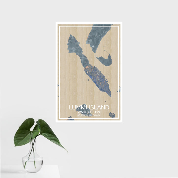 16x24 Lummi Island Washington Map Print Portrait Orientation in Afternoon Style With Tropical Plant Leaves in Water