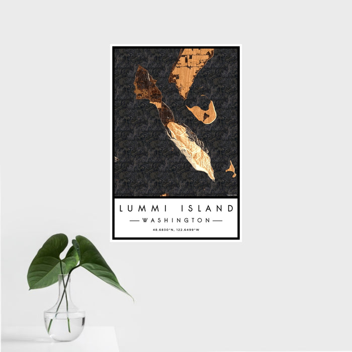 16x24 Lummi Island Washington Map Print Portrait Orientation in Ember Style With Tropical Plant Leaves in Water