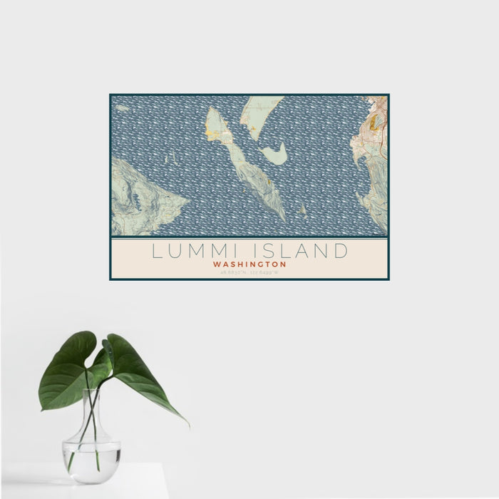 16x24 Lummi Island Washington Map Print Landscape Orientation in Woodblock Style With Tropical Plant Leaves in Water