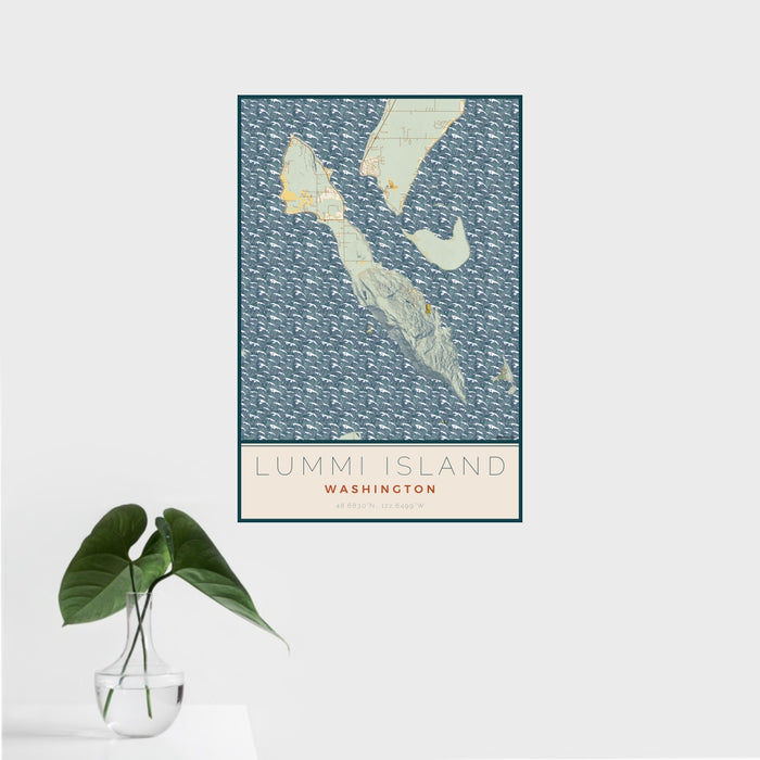 16x24 Lummi Island Washington Map Print Portrait Orientation in Woodblock Style With Tropical Plant Leaves in Water