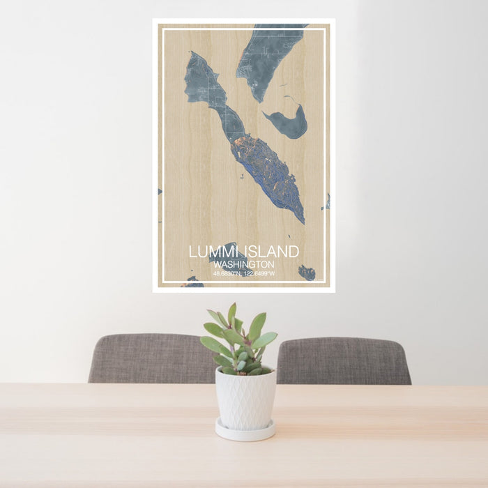 24x36 Lummi Island Washington Map Print Portrait Orientation in Afternoon Style Behind 2 Chairs Table and Potted Plant