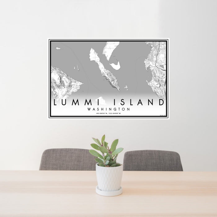 24x36 Lummi Island Washington Map Print Landscape Orientation in Classic Style Behind 2 Chairs Table and Potted Plant
