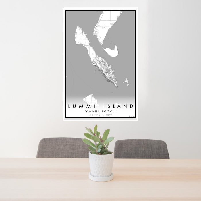 24x36 Lummi Island Washington Map Print Portrait Orientation in Classic Style Behind 2 Chairs Table and Potted Plant