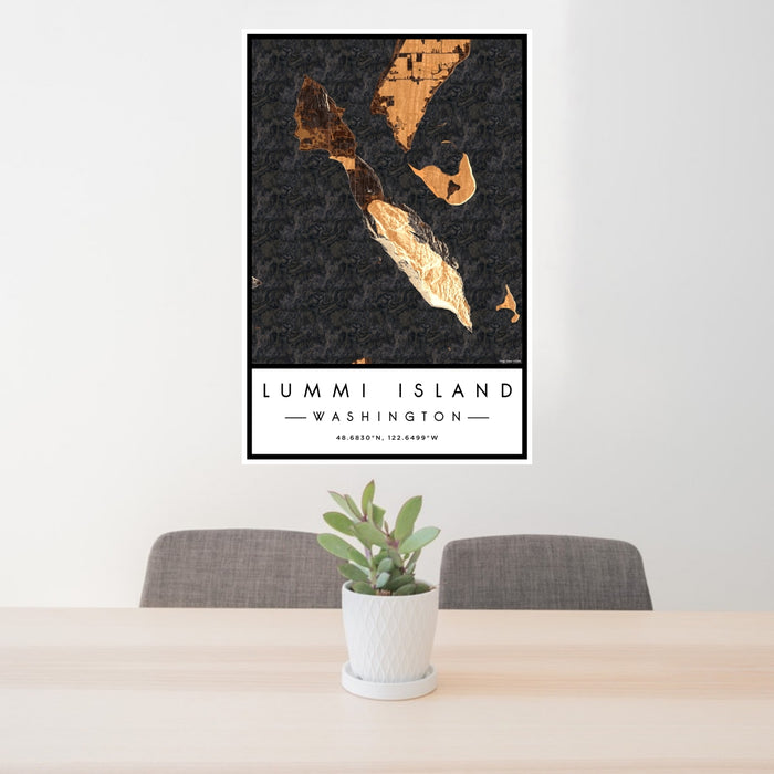 24x36 Lummi Island Washington Map Print Portrait Orientation in Ember Style Behind 2 Chairs Table and Potted Plant