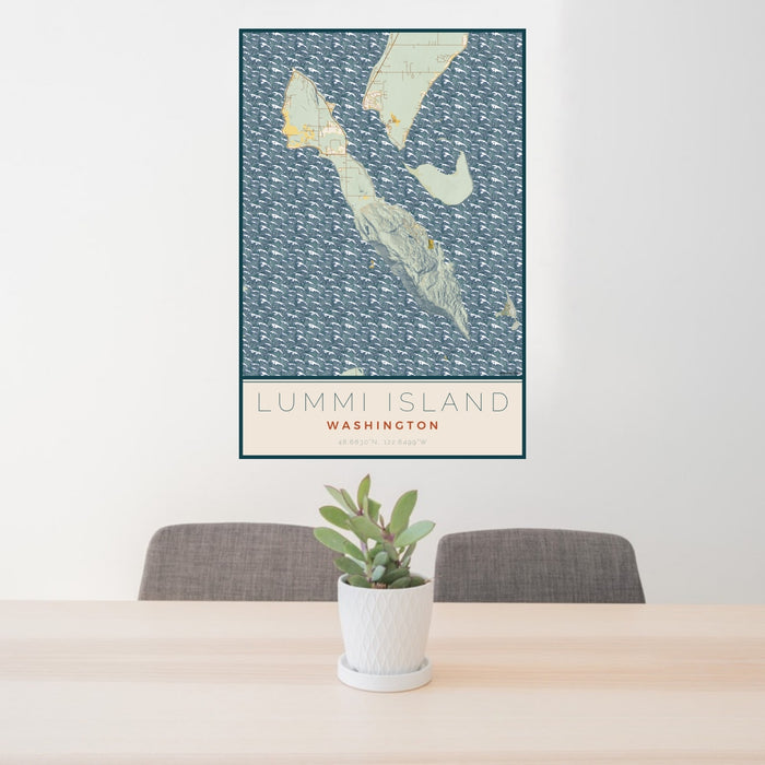 24x36 Lummi Island Washington Map Print Portrait Orientation in Woodblock Style Behind 2 Chairs Table and Potted Plant
