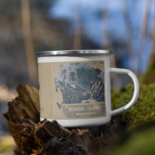 Right View Custom Lummi Island Washington Map Enamel Mug in Afternoon on Grass With Trees in Background