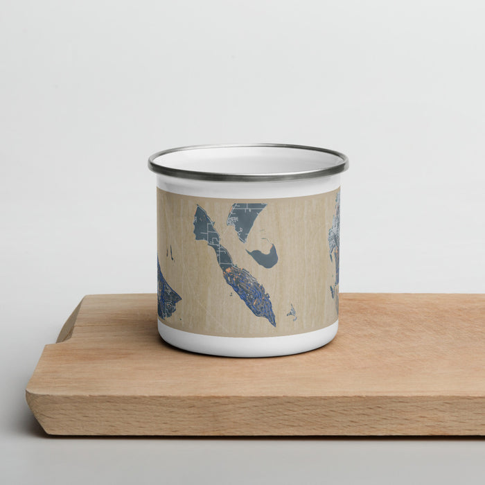 Front View Custom Lummi Island Washington Map Enamel Mug in Afternoon on Cutting Board